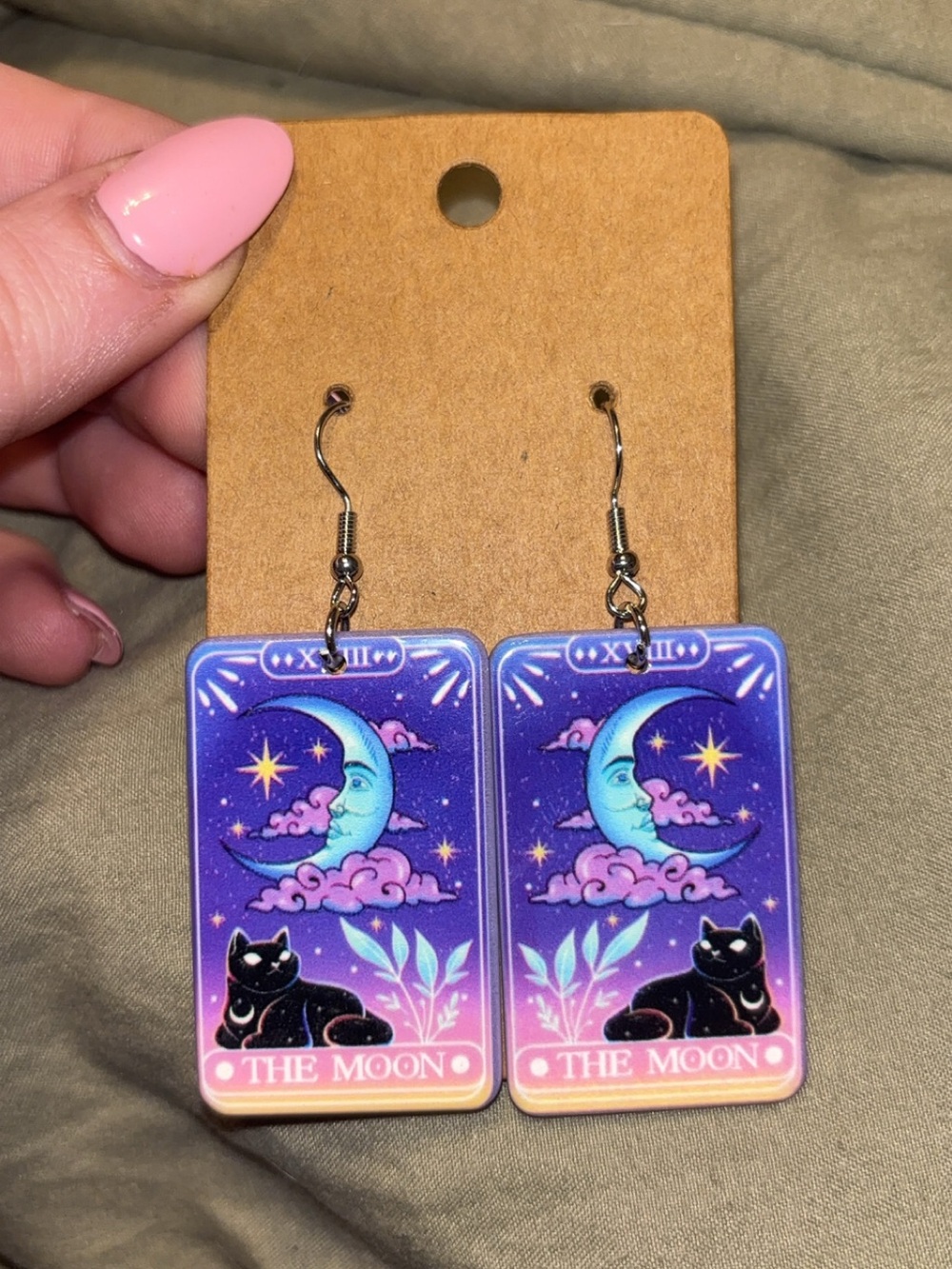 The Moon Tarot Card Earrings - Purple Pink Gradient with Black Cat